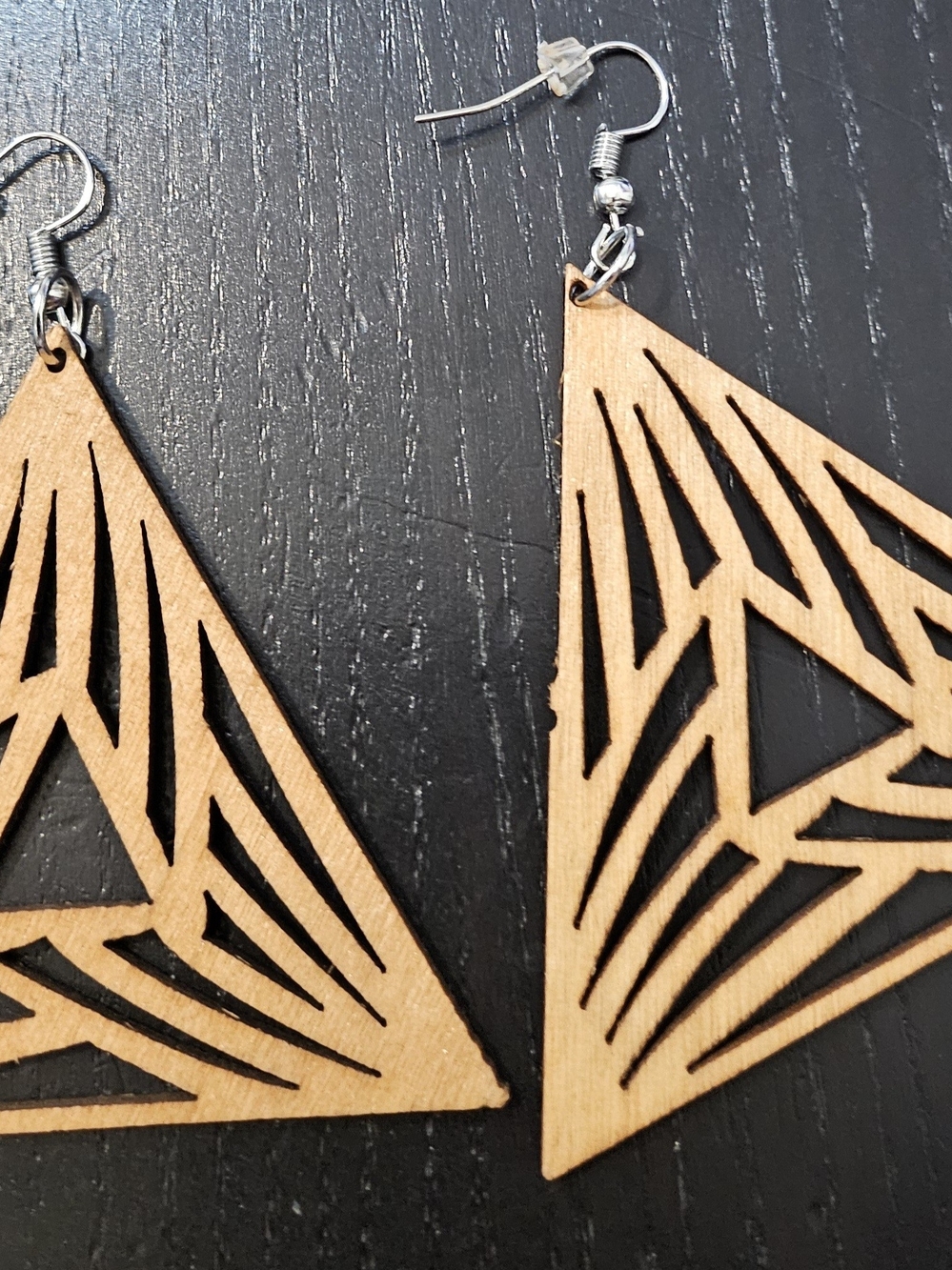 Geometric Laser-Cut Wood Triangle Earrings — Natural Wood & Black